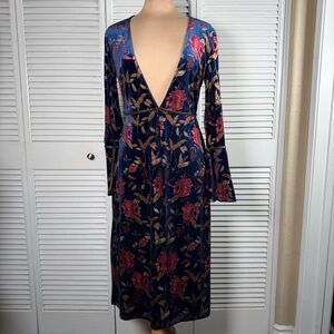 Bagatelle Velvet Floral Duster Cardigan Navy Gold Boho Open Front Bell Sleeve S